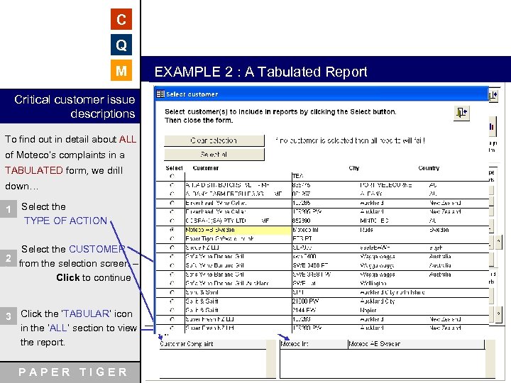 C Q M EXAMPLE 2 : A Tabulated Report Critical customer issue descriptions To