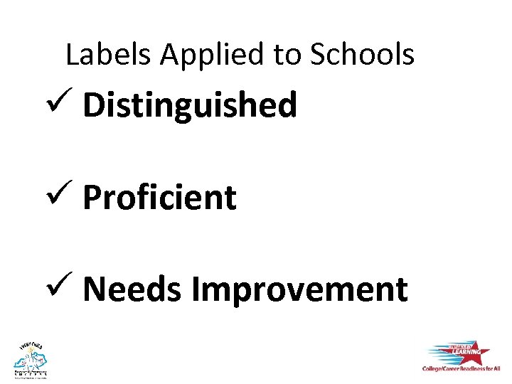 Labels Applied to Schools ü Distinguished ü Proficient ü Needs Improvement 