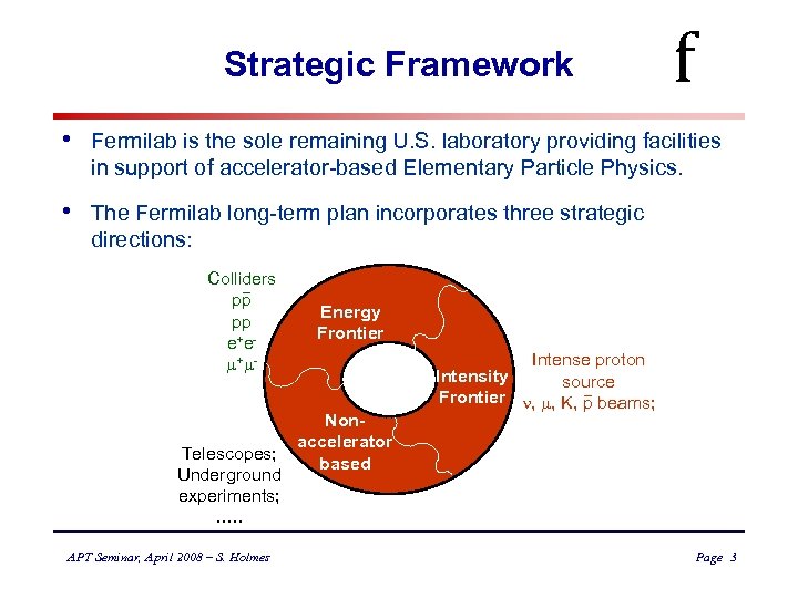 Strategic Framework f • Fermilab is the sole remaining U. S. laboratory providing facilities