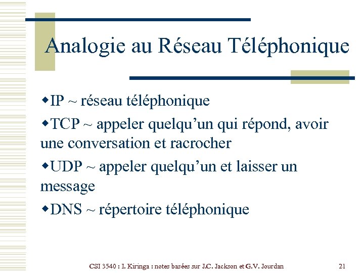 Analogie au Réseau Téléphonique w. IP ~ réseau téléphonique w. TCP ~ appeler quelqu’un