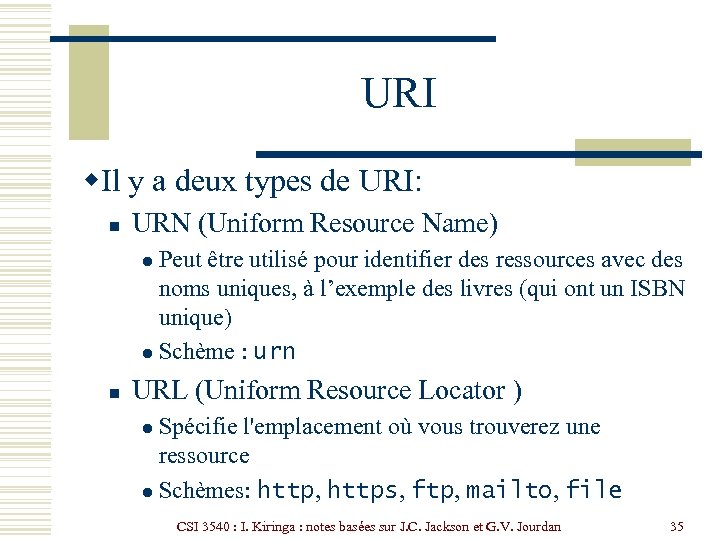 URI w. Il y a deux types de URI: n URN (Uniform Resource Name)