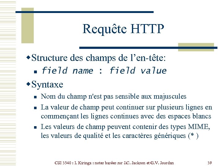 Requête HTTP w. Structure des champs de l’en-tête: n field name : field value