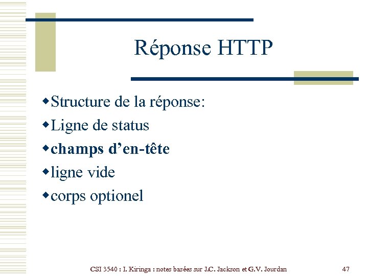 Réponse HTTP w. Structure de la réponse: w. Ligne de status wchamps d’en-tête wligne