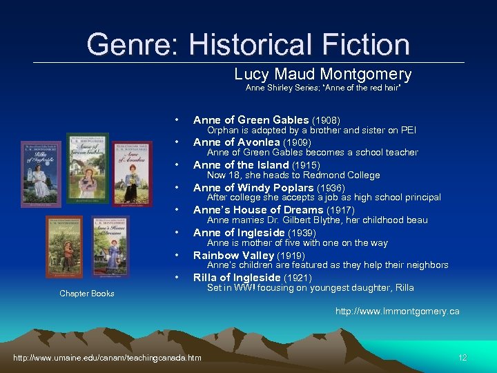 Genre: Historical Fiction Lucy Maud Montgomery Anne Shirley Series; “Anne of the red hair”