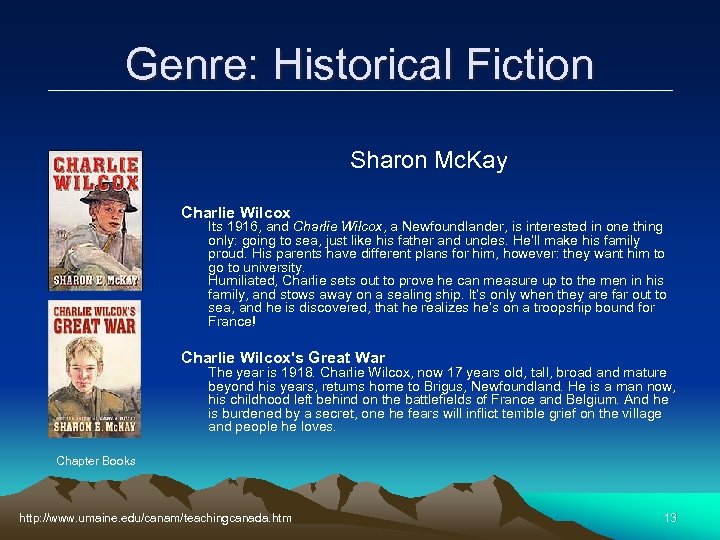 Genre: Historical Fiction Sharon Mc. Kay Charlie Wilcox Its 1916, and Charlie Wilcox, a