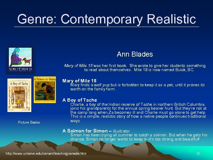 Genre: Contemporary Realistic Ann Blades Mary of Mile 18 was her first book. She
