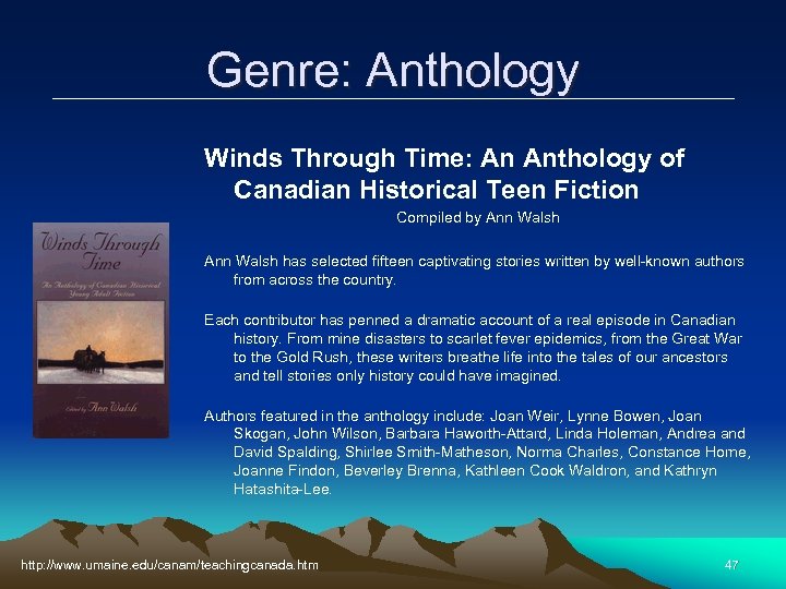 Genre: Anthology Winds Through Time: An Anthology of Canadian Historical Teen Fiction Compiled by