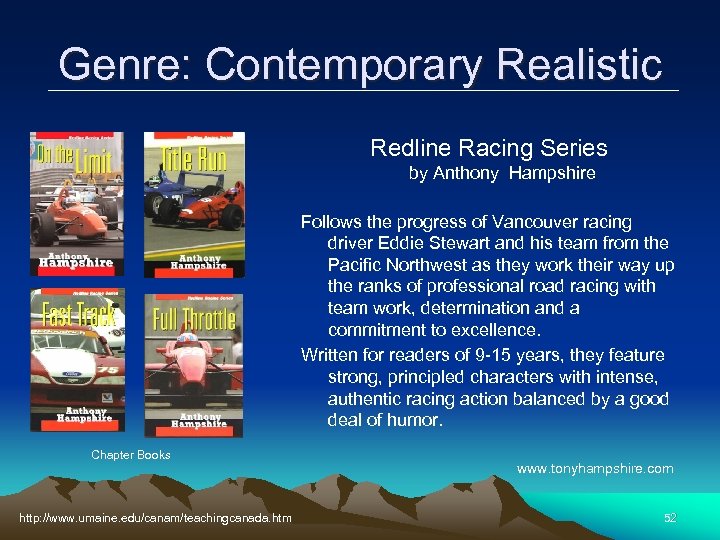 Genre: Contemporary Realistic Redline Racing Series by Anthony Hampshire Follows the progress of Vancouver