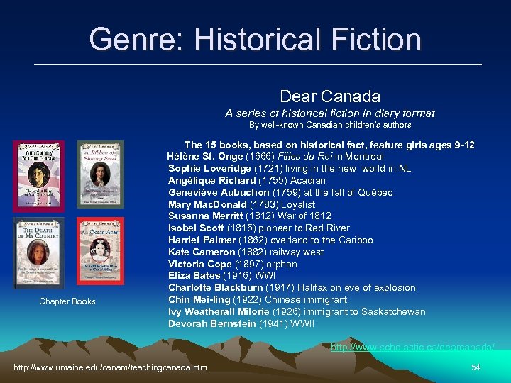 Genre: Historical Fiction Dear Canada A series of historical fiction in diary format By
