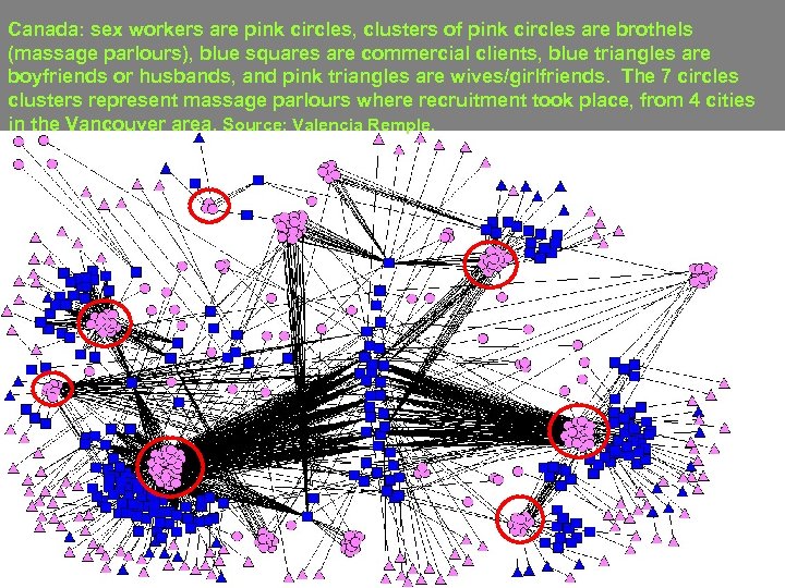 Canada: sex workers are pink circles, clusters of pink circles are brothels (massage parlours),