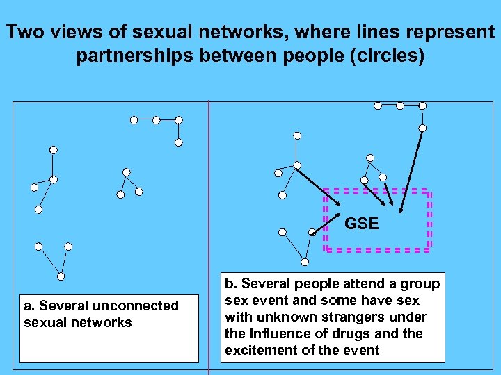 Two views of sexual networks, where lines represent partnerships between people (circles) GSE a.