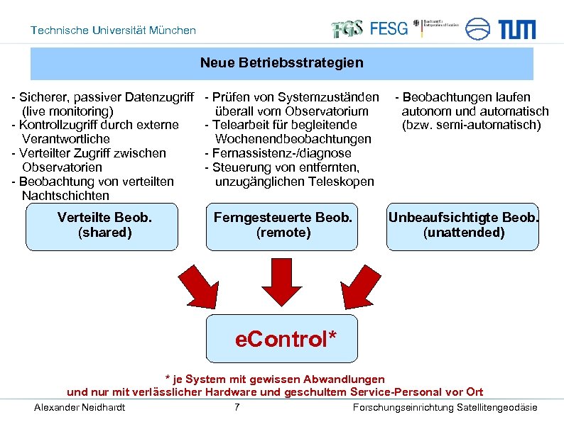 Technische Universität München Neue Betriebsstrategien - Sicherer, passiver Datenzugriff (live monitoring) - Kontrollzugriff durch