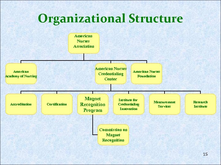 Organizational Structure American Nurses Association American Nurses Credentialing Center American Academy of Nursing Accreditation