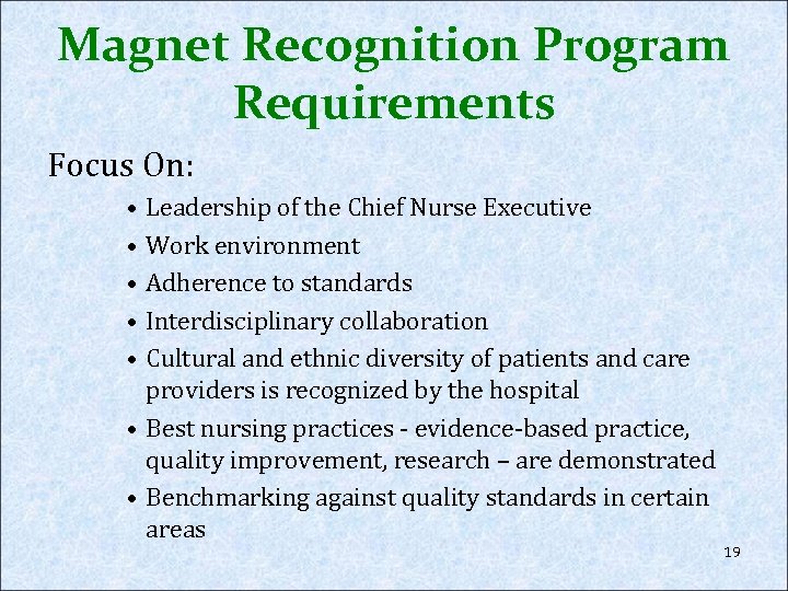 Magnet Recognition Program Requirements Focus On: • Leadership of the Chief Nurse Executive •