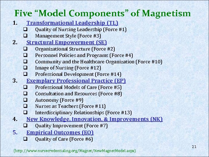 Five “Model Components” of Magnetism 1. Transformational Leadership (TL) q q 2. Structural Empowerment