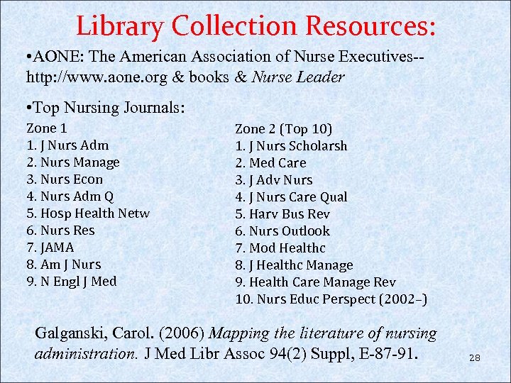 Library Collection Resources: • AONE: The American Association of Nurse Executives-http: //www. aone. org