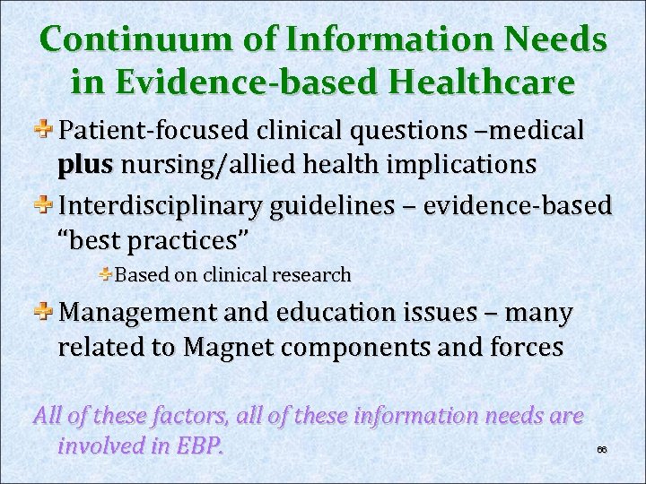 Continuum of Information Needs in Evidence-based Healthcare Patient-focused clinical questions –medical plus nursing/allied health