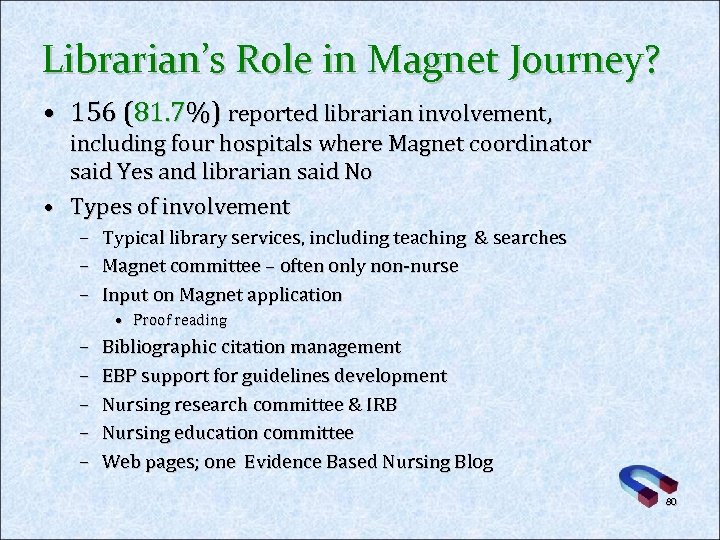 Librarian’s Role in Magnet Journey? • 156 (81. 7%) reported librarian involvement, including four