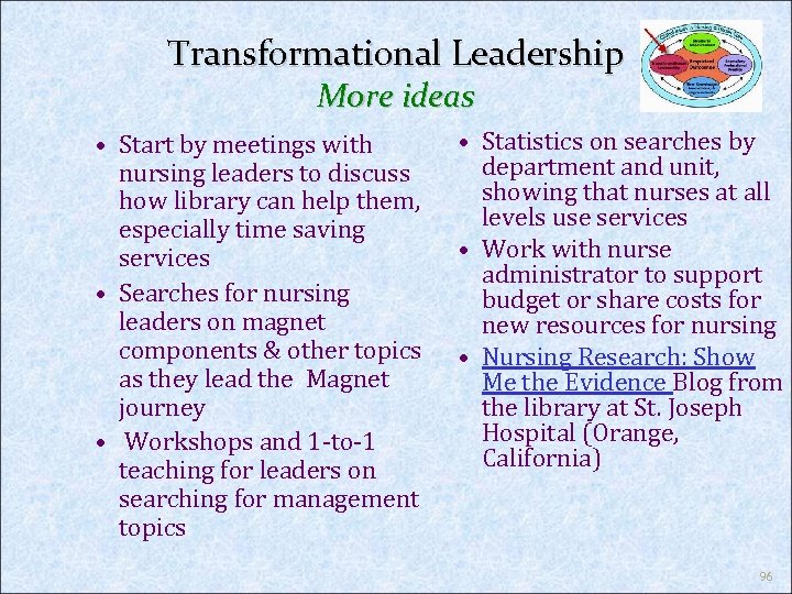 Transformational Leadership More ideas • Start by meetings with nursing leaders to discuss how