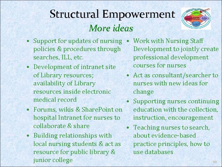 Structural Empowerment More ideas • Support for updates of nursing policies & procedures through