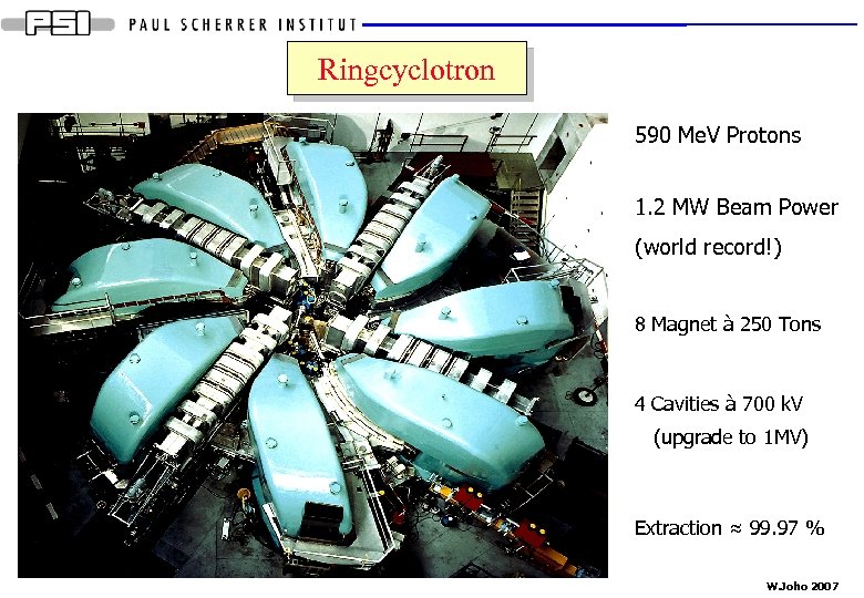 Ringcyclotron 590 Me. V Protons 1. 2 MW Beam Power (world record!) 8 Magnet