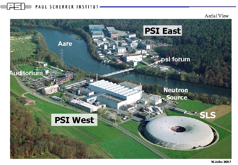 Aerial View PSI East Aare psi forum Auditorium Neutron Source PSI West SLS W.