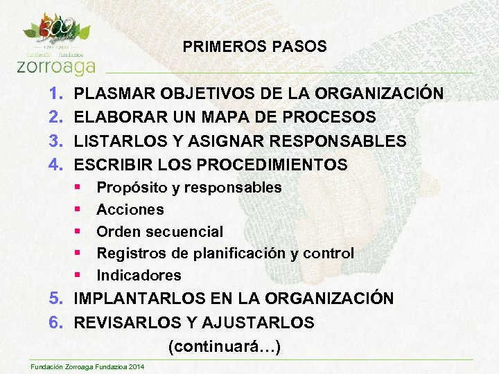 PRIMEROS PASOS 1. 2. 3. 4. PLASMAR OBJETIVOS DE LA ORGANIZACIÓN ELABORAR UN MAPA