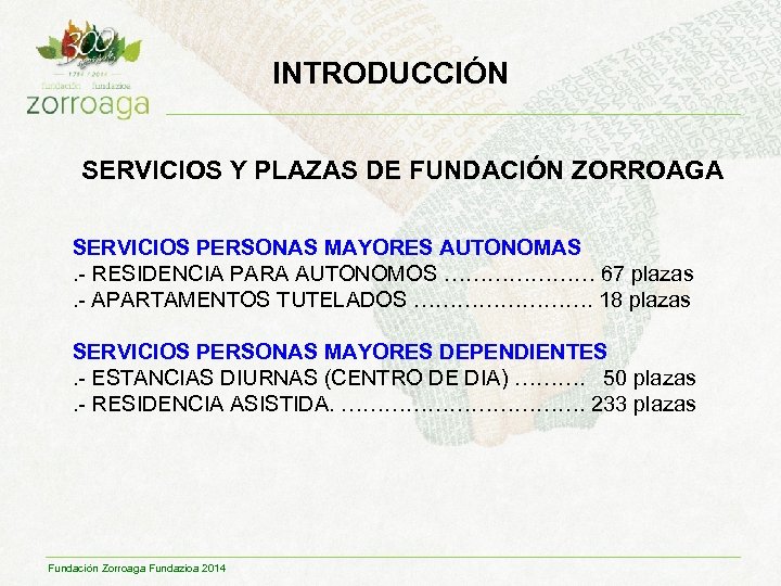 INTRODUCCIÓN SERVICIOS Y PLAZAS DE FUNDACIÓN ZORROAGA SERVICIOS PERSONAS MAYORES AUTONOMAS. - RESIDENCIA PARA