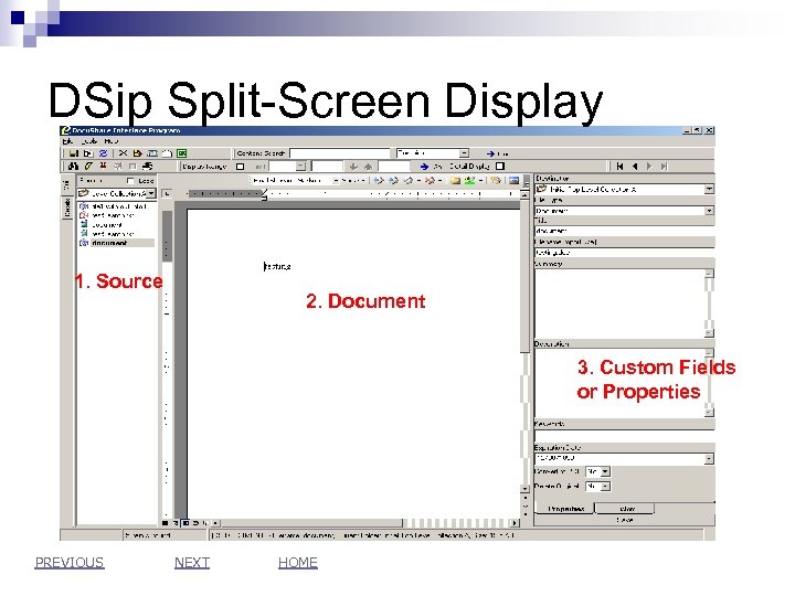 DSip Split-Screen Display 1. Source 2. Document 3. Custom Fields or Properties PREVIOUS NEXT