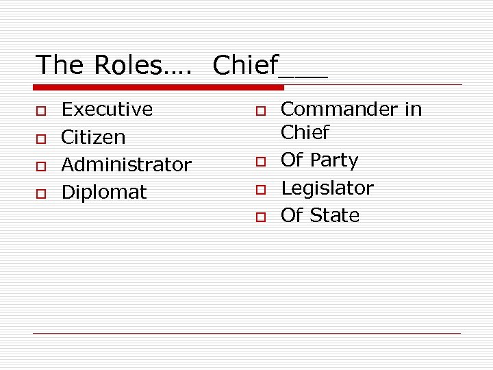 The Roles…. Chief___ o o Executive Citizen Administrator Diplomat o o Commander in Chief