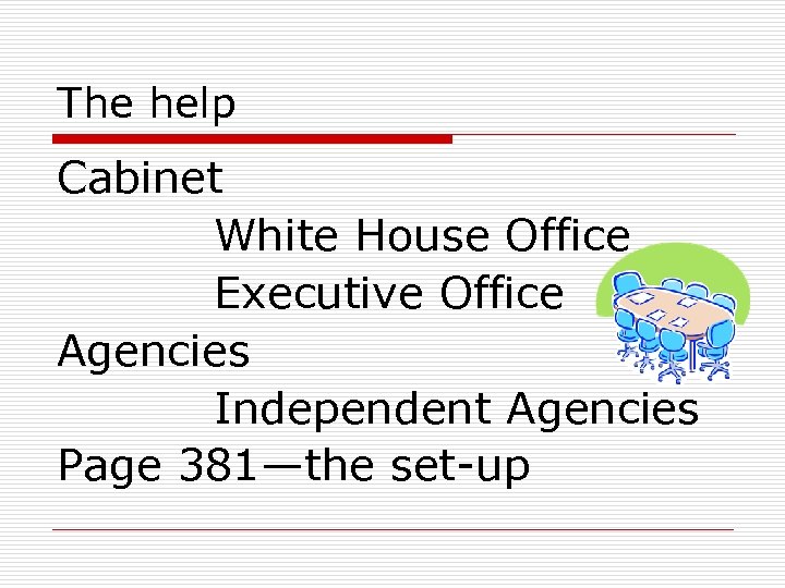 The help Cabinet White House Office Executive Office Agencies Independent Agencies Page 381—the set-up