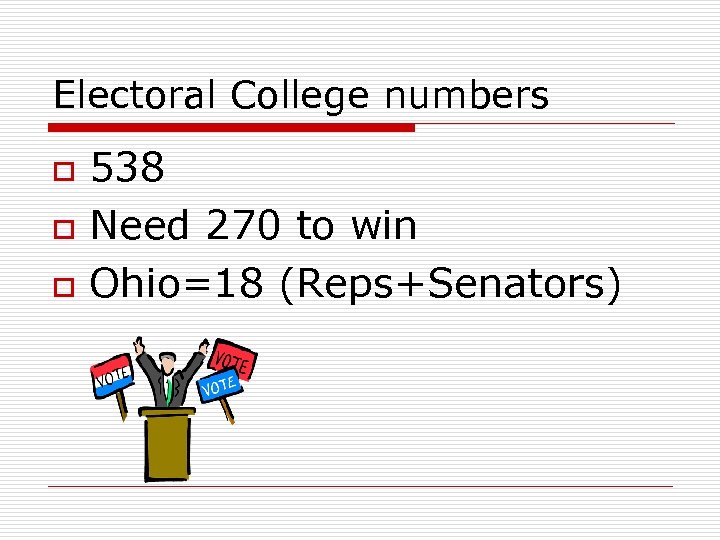 Electoral College numbers o o o 538 Need 270 to win Ohio=18 (Reps+Senators) 