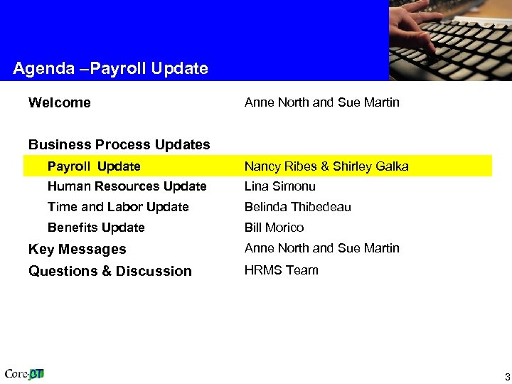 Agenda –Payroll Update Welcome Anne North and Sue Martin Business Process Updates Payroll Update
