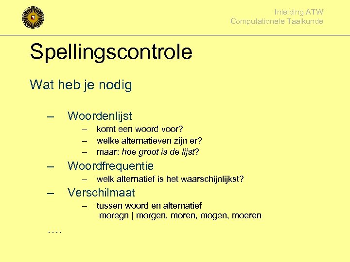 Inleiding ATW Computationele Taalkunde Spellingscontrole Wat heb je nodig – Woordenlijst – – Woordfrequentie