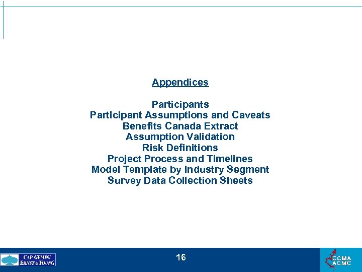 Appendices Participant Assumptions and Caveats Benefits Canada Extract Assumption Validation Risk Definitions Project Process