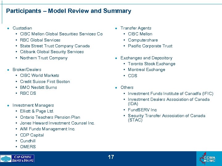 Participants – Model Review and Summary · Custodian CIBC Mellon Global Securities Services Co