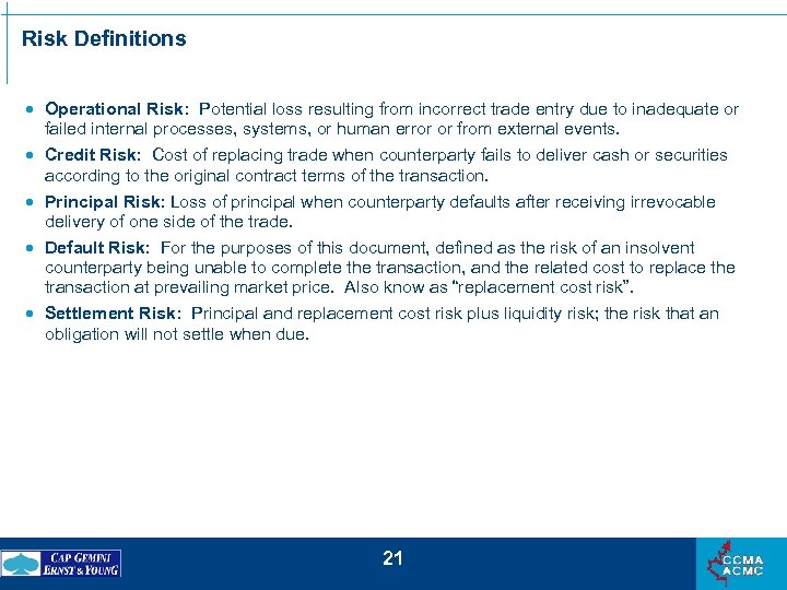 Risk Definitions · Operational Risk: Potential loss resulting from incorrect trade entry due to