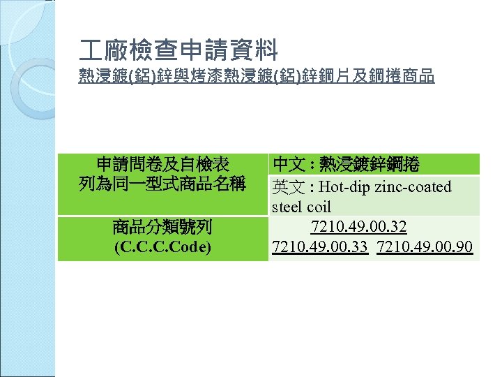  廠檢查申請資料 熱浸鍍(鋁)鋅與烤漆熱浸鍍(鋁)鋅鋼片及鋼捲商品 申請問卷及自檢表 列為同一型式商品名稱 商品分類號列 (C. Code) 中文 : 熱浸鍍鋅鋼捲 英文 : Hot-dip