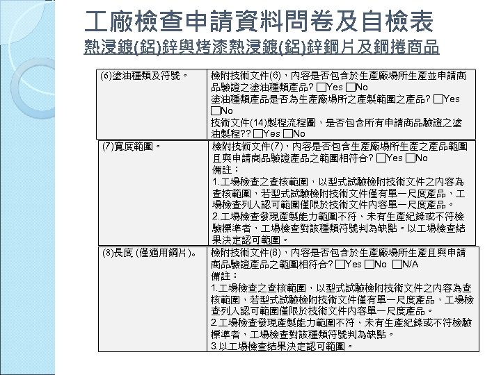  廠檢查申請資料問卷及自檢表 熱浸鍍(鋁)鋅與烤漆熱浸鍍(鋁)鋅鋼片及鋼捲商品 (6)塗油種類及符號。 (7)寬度範圍。 (8)長度 (僅適用鋼片)。 檢附技術文件(6)，內容是否包含於生產廠場所生產並申請商 品驗證之塗油種類產品? □Yes □No 塗油種類產品是否為生產廠場所之產製範圍之產品? □Yes □No