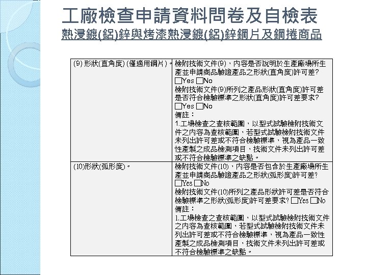  廠檢查申請資料問卷及自檢表 熱浸鍍(鋁)鋅與烤漆熱浸鍍(鋁)鋅鋼片及鋼捲商品 (9) 形狀(直角度) (僅適用鋼片)。檢附技術文件(9)，內容是否說明於生產廠場所生 產並申請商品驗證產品之形狀(直角度)許可差? □Yes □No 檢附技術文件(9)所列之產品形狀(直角度)許可差 是否符合檢驗標準之形狀(直角度)許可差要求? □Yes □No 備註：