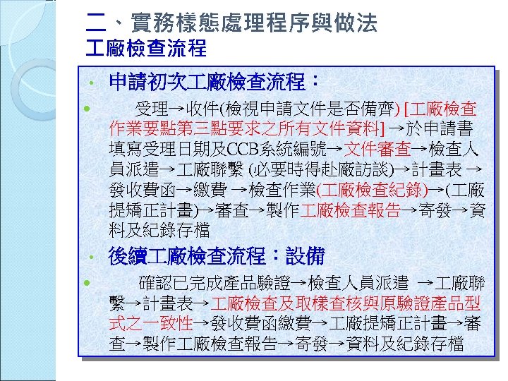 二、實務樣態處理程序與做法 廠檢查流程 • 申請初次 廠檢查流程： 受理→收件(檢視申請文件是否備齊) [ 廠檢查 作業要點第三點要求之所有文件資料] →於申請書 填寫受理日期及CCB系統編號→文件審查→檢查人 員派遣→ 廠聯繫 (必要時得赴廠訪談)→計畫表