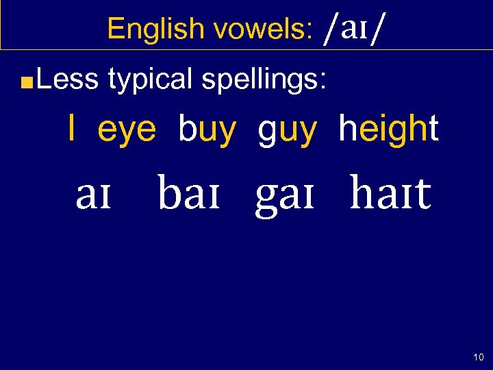 English vowels: /aɪ/ Less typical spellings: I eye buy guy height aɪ baɪ gaɪ
