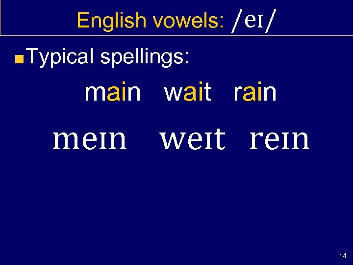 English vowels: /eɪ/ Typical spellings: main wait rain meɪn weɪt reɪn 14 