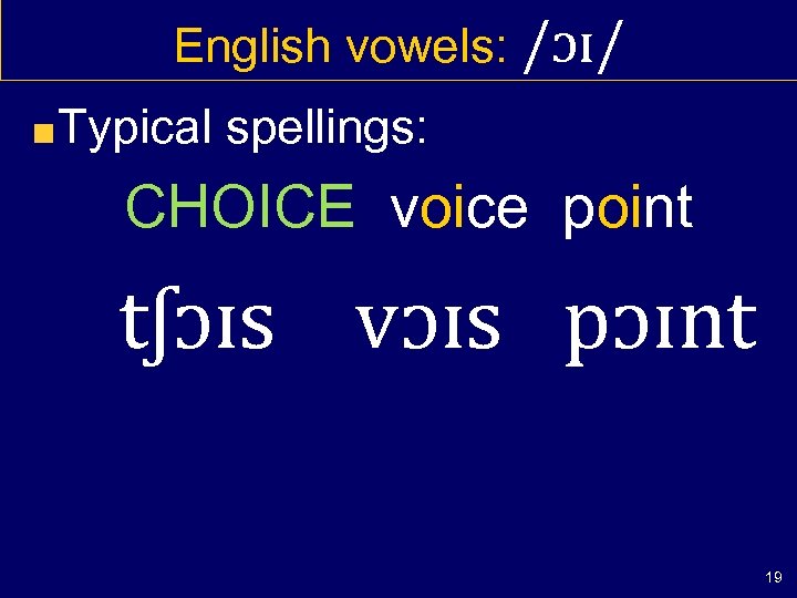 English vowels: /ɔɪ/ Typical spellings: CHOICE voice point tʃɔɪs vɔɪs pɔɪnt 19 