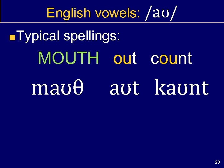 English vowels: /aʊ/ Typical spellings: MOUTH out count maʊθ aʊt kaʊnt 23 