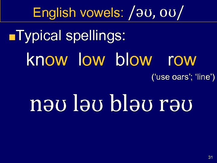 English vowels: /əʊ, oʊ/ Typical spellings: know low blow row (‘use oars’; ‘line’) nəʊ