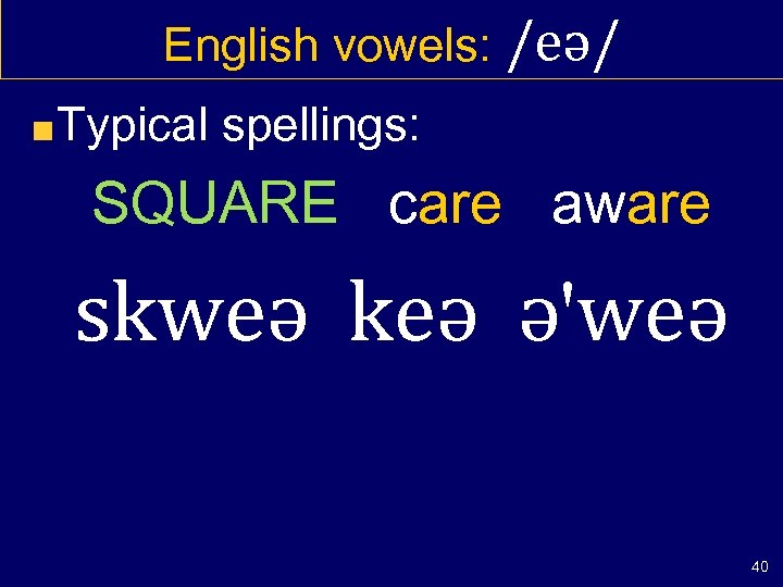 English vowels: /eə/ Typical spellings: SQUARE care aware skweə keə ə'weə 40 