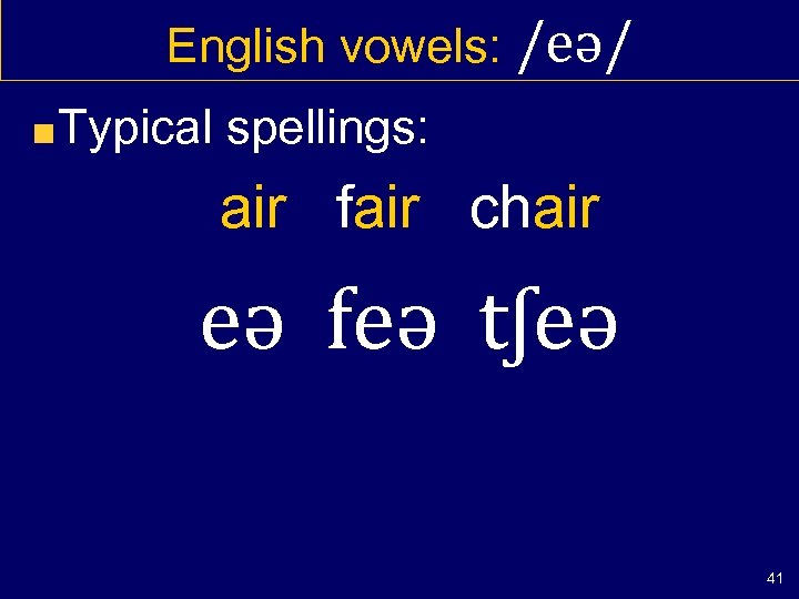 English vowels: /eə/ Typical spellings: air fair chair eə feə tʃeə 41 