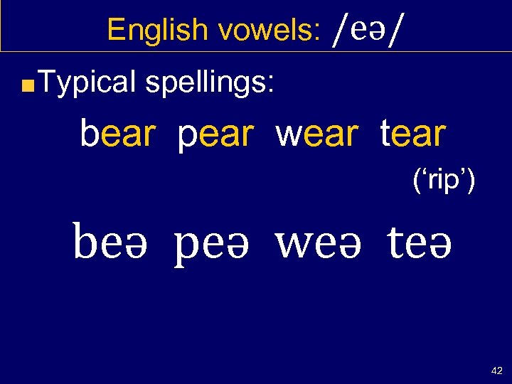 English vowels: /eə/ Typical spellings: bear pear wear tear (‘rip’) beə peə weə teə