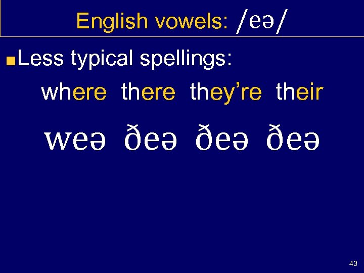English vowels: /eə/ Less typical spellings: where they’re their weə ðeə ðeə 43 